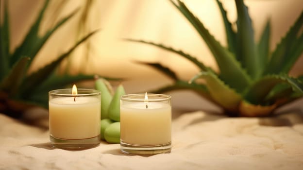 Spa concept. Candles on a blurred light background. Decor from natural stems of aloe. The concept of spa, aromatherapy and beauty products. AI generated