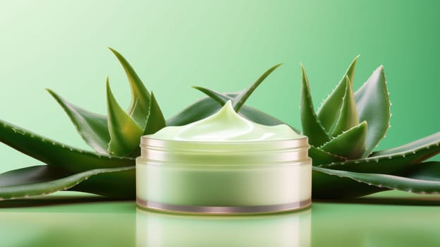 Aloe vera cosmetic cream with green leaf on green background. AI generated image