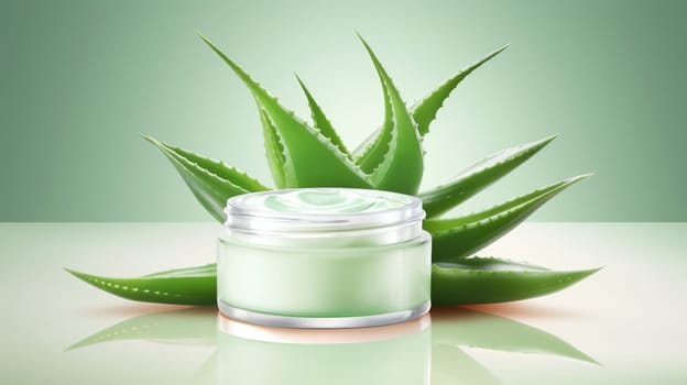 Aloe vera cosmetic cream with green leaf on green background. AI generated image