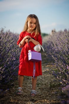 Girl in a red dress in a lavender field.
