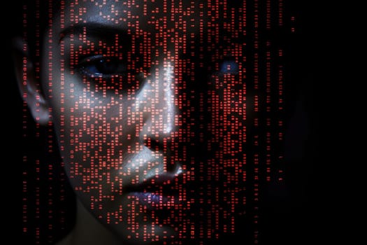 A binary code with human face shape on dark background. Generative AI AIG27.