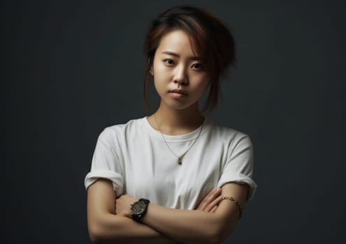 Studio portrait shot of beautiful Asian woman in white t-shirt and stand on white background. AI Generative