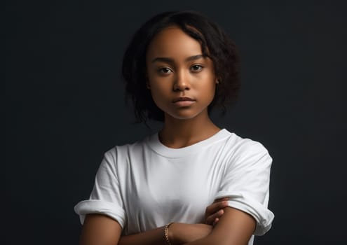 Studio portrait shot of beautiful Asian woman in white t-shirt and stand on plain background. AI Generative