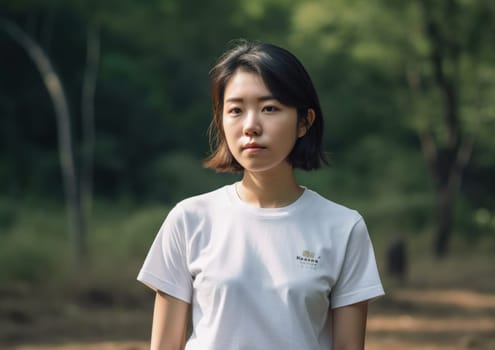 Studio portrait shot of beautiful Asian woman in white t-shirt and stand on plain background. AI Generative