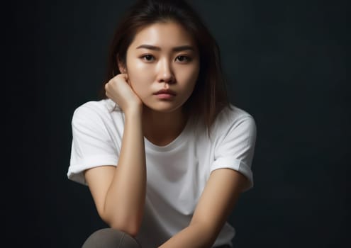 Studio portrait shot of beautiful Asian woman in white t-shirt and stand on white background. AI Generative