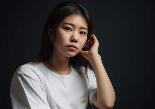 Studio portrait shot of beautiful Asian woman in white t-shirt and stand on plain background. AI Generative