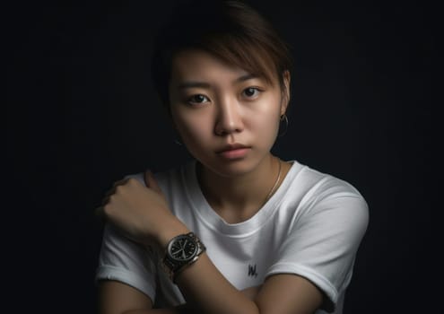 Studio portrait shot of beautiful Asian woman in white t-shirt and stand on plain background. AI Generative