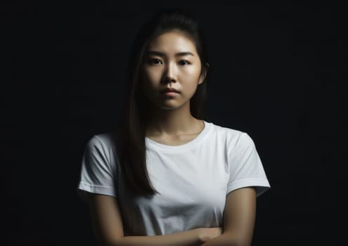 Studio portrait shot of beautiful Asian woman in white t-shirt and stand on plain background. AI Generative