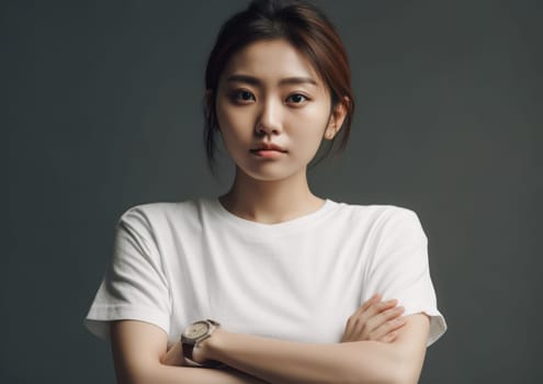 Studio portrait shot of beautiful Asian woman in white t-shirt and stand on plain background. AI Generative