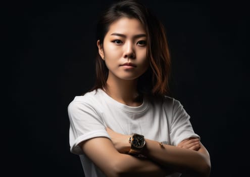 Studio portrait shot of beautiful Asian woman in white t-shirt and stand on plain background. AI Generative