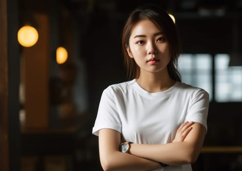 Studio portrait shot of beautiful Asian woman in white t-shirt and stand on plain background. AI Generative