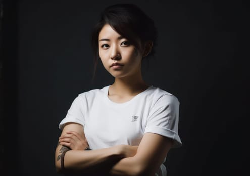 Studio portrait shot of beautiful Asian woman in white t-shirt and stand on plain background. AI Generative