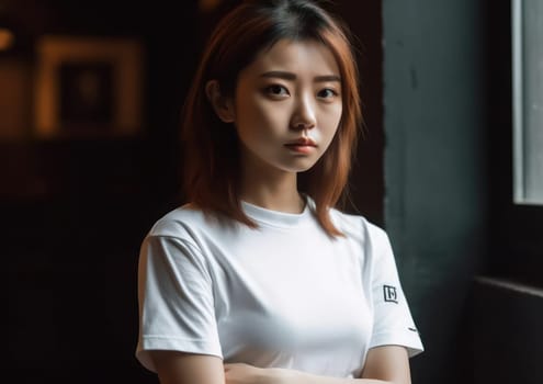 Studio portrait shot of beautiful Asian woman in white t-shirt and stand on plain background. AI Generative