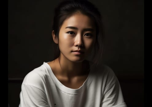 Studio portrait shot of beautiful Asian woman in white t-shirt and stand on plain background. AI Generative