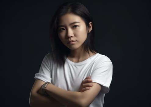Studio portrait shot of beautiful Asian woman in white t-shirt and stand on plain background. AI Generative