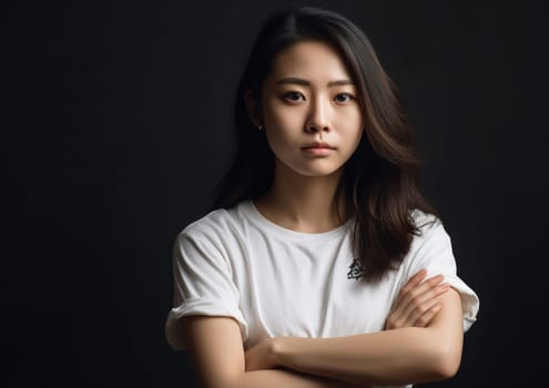 Studio portrait shot of beautiful Asian woman in white t-shirt and stand on plain background. AI Generative