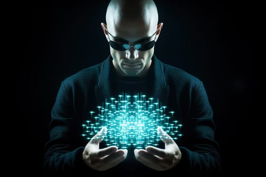 Man manipulating hologram in futuristing setting