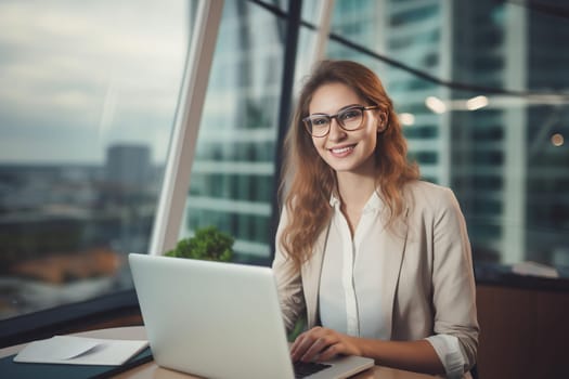 Young woman working in office on a laptop at sunset