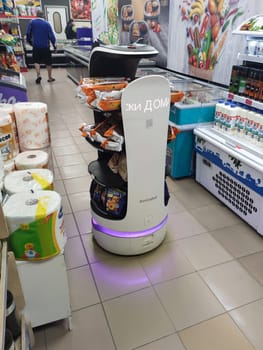 Varna, Bulgaria - July, 14, 2023: robot cat offers goods in the store