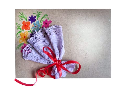 craft gift envelope decorated with a painted bouquet with lace and a red bow, copy space