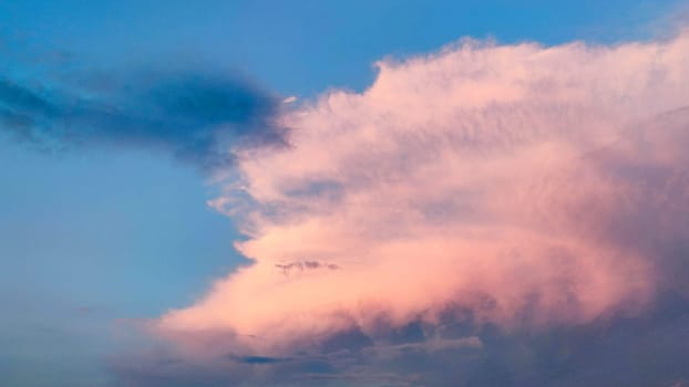 a large pink cloud lit by the sun on a blue sky.