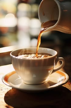 Pouring espresso coffee in a cup at sunset