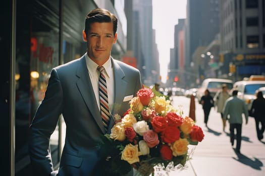 Businessman with flowers in a busy street. Generative AI