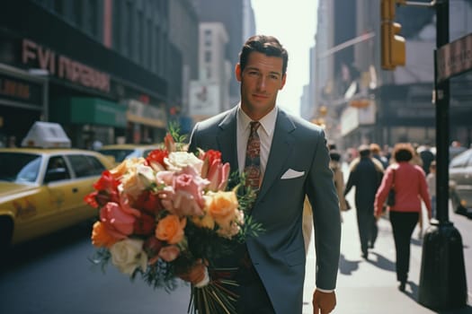 Businessman with flowers in a busy street. Generative AI