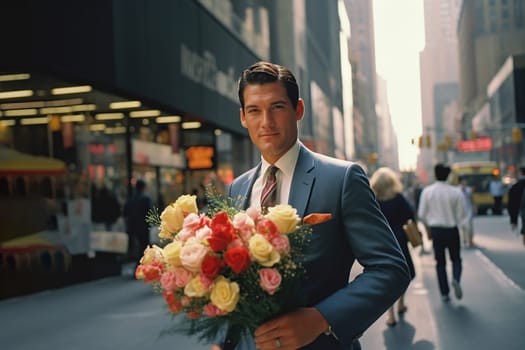 Businessman with flowers in a busy street. Generative AI