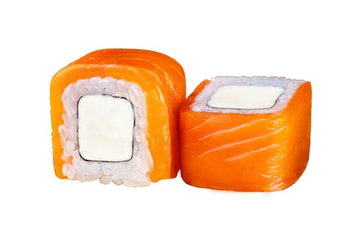 Japanese california rolls with cheese and fresh red fish on a white background.