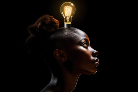 bright light bulb float above of young african woman's head. beautiful Generative AI AIG32