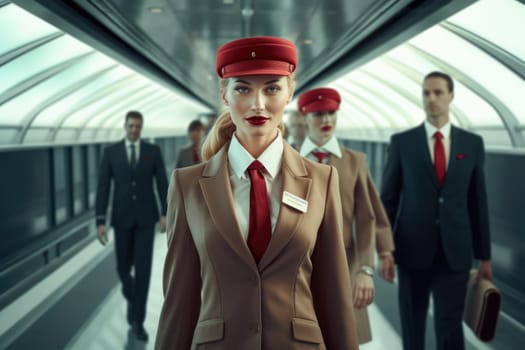 Group of flight attendant walking on airport gate or corridor. Picturesque generative AI
