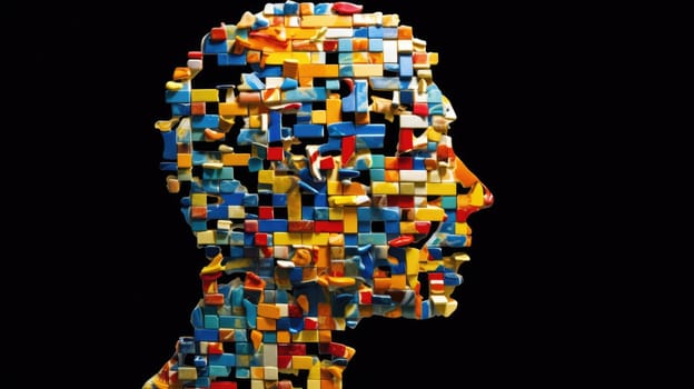 Abstract human head made of unsolved puzzle pieces, maximalism, psychology, brain, neurosis, compulsive. Generative AI image weber.