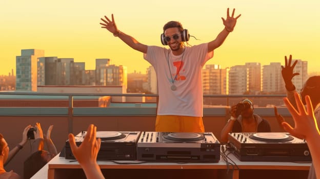 The front view of happy male dj on rooftop with people and the view of skyscraper in sunset. Generative AI AIG30.
