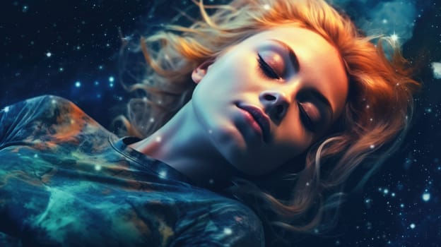 Close up portrait woman sleeping, floating outerspace with star nebula galaxy. Generative AI image weber.