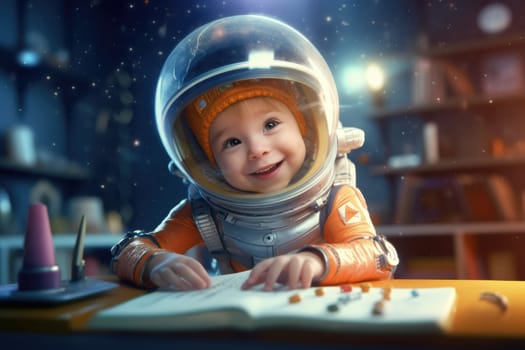 kid in spacesuit helmet floating through classroom, studying astrology. beautiful Generative AI AIG32