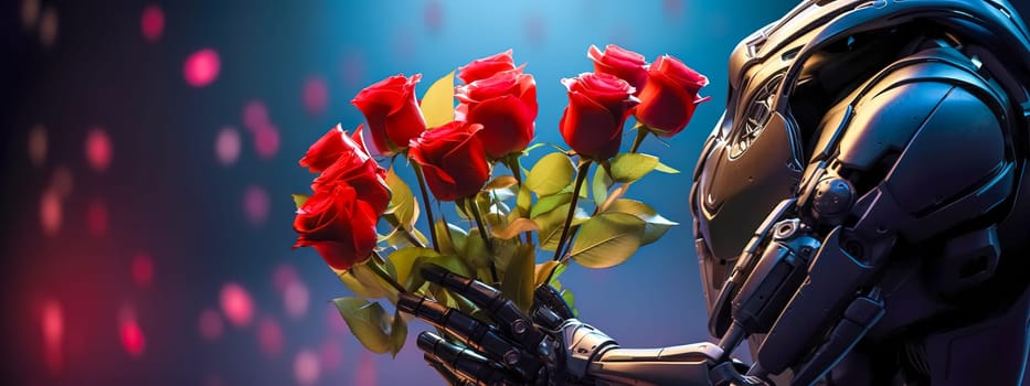 robot with a bouquet of red roses, gift to celebrate, made with Generative AI. High quality illustration