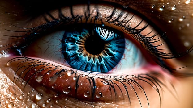 close-up of a human eye with a tear drop, made with Generative AI.