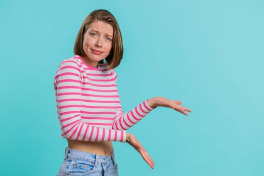 Woman raising hands asking what why reason of failure, demonstrating disbelief irritation by troubles trendy social media meme anti lifehacks ridicules people who complicate simple tasks for no reason