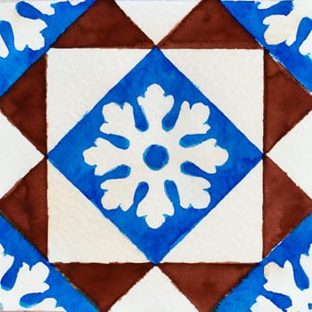 Watercolor illustration of portuguese ceramic tiles pattern. Single square tile.