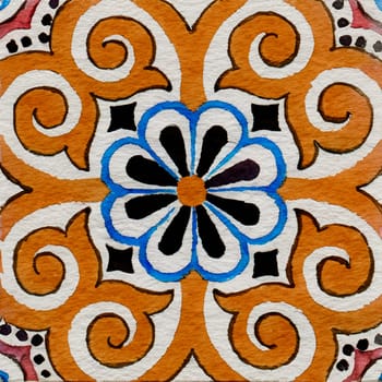 Watercolor illustration of portuguese ceramic tiles pattern. Single square tile.