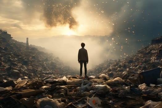An abstract teenager stands in a smoking garbage dump. Consumption and environmental pollution. AI generated.