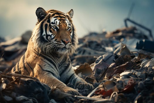 The tiger sits on a pile of rubbish. garbage dump and ecology problems. AI generated.