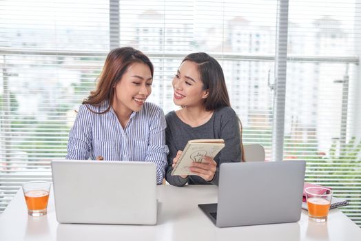 Indoor portrait of smiling girls working together in office. Pretty woman spending time with friend during break and posing for photo in library.