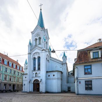 Riga, Latvia. 22 August 2021.   exterior view of Our Lady of Sorrows Church in the city center