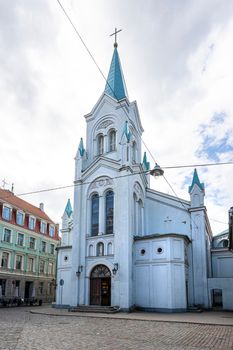 Riga, Latvia. 22 August 2021.   exterior view of Our Lady of Sorrows Church in the city center