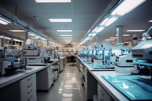 Modern empty science laboratory. Appliances on the tables. AI generated.