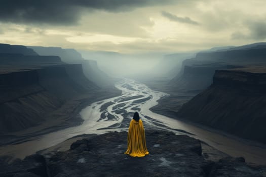 The figure in yellow is looking at the moody foggy panorama of the canyon with river and mountains. AI generated.