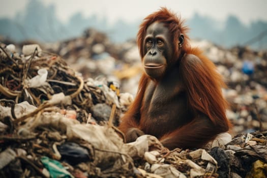 An orangutan sits in a garbage dump. Ecology and environmental pollution. AI generated.