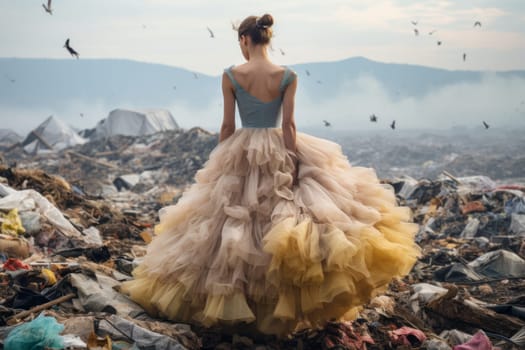 An unrecognizable ballerina stands in the middle of a garbage dump. Environmental pollution. AI generated.